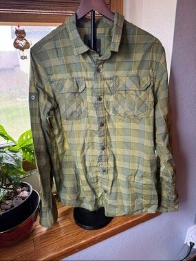 Prana Terrain Green Yellow Plaid Button Up Long Sleeve Shirt Men's Large